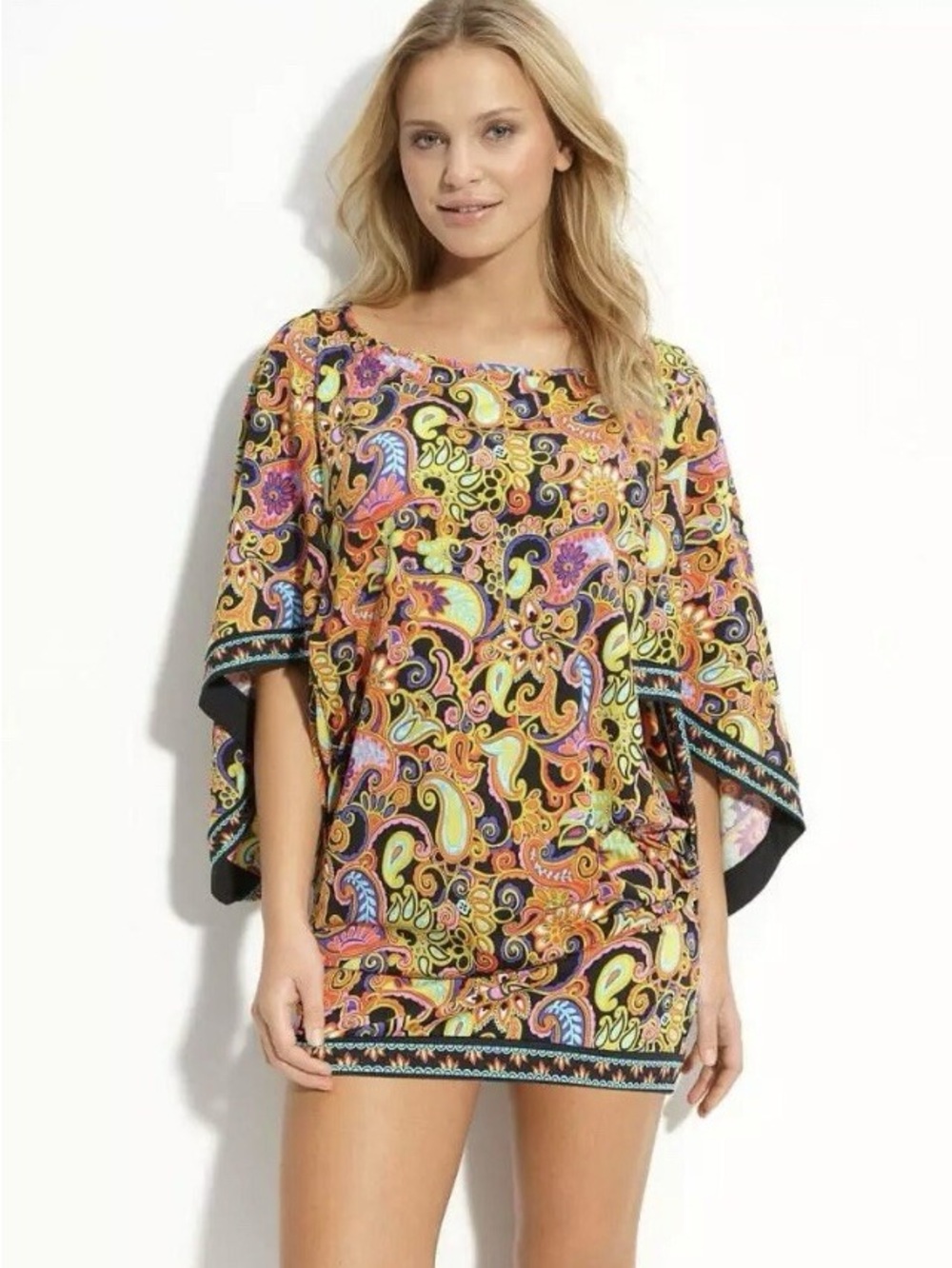 TRINA TRURK bright multicolor paisley stretch swim tunic coverup dress Small new